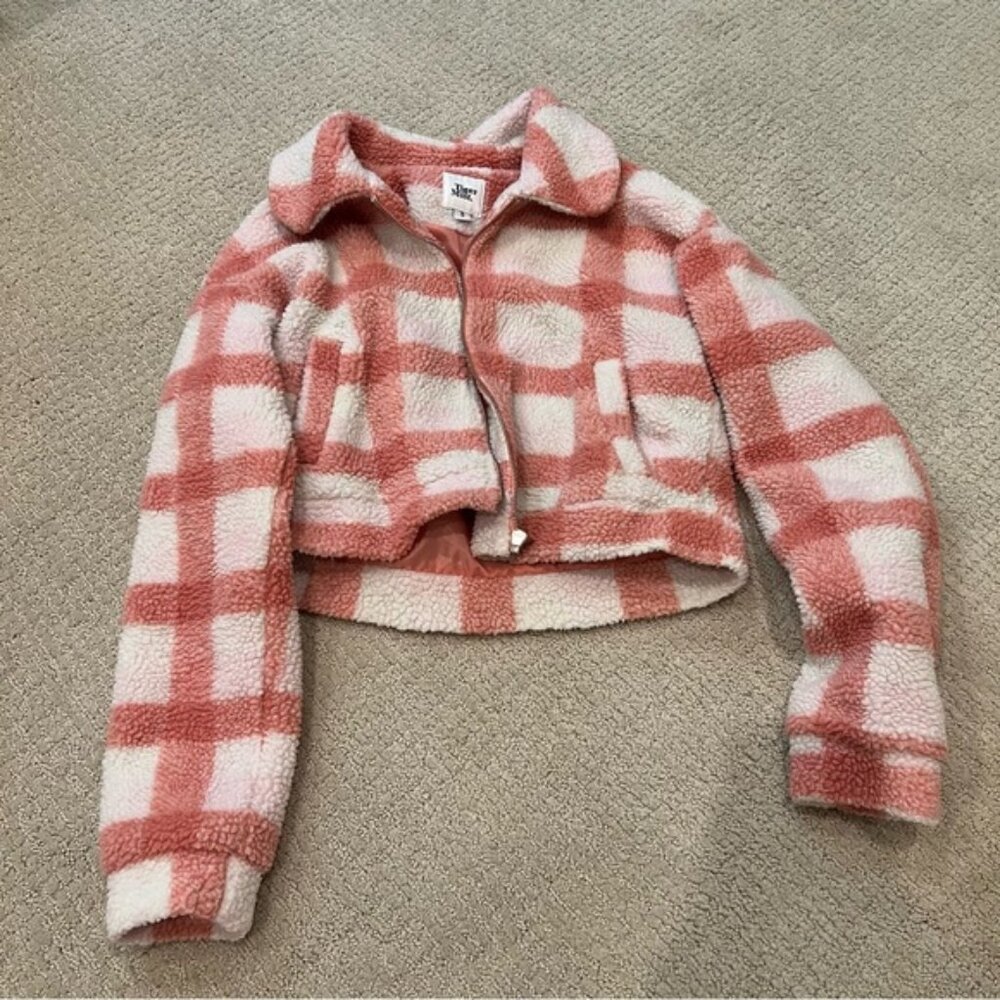 Tiger Mist Pink Plaid Cropped Sherpa Jacket
